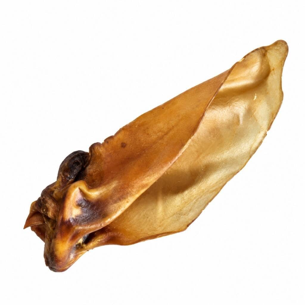 Eén goudbruin gedroogd runderoor met natuurlijke plooien op een witte achtergrond.
