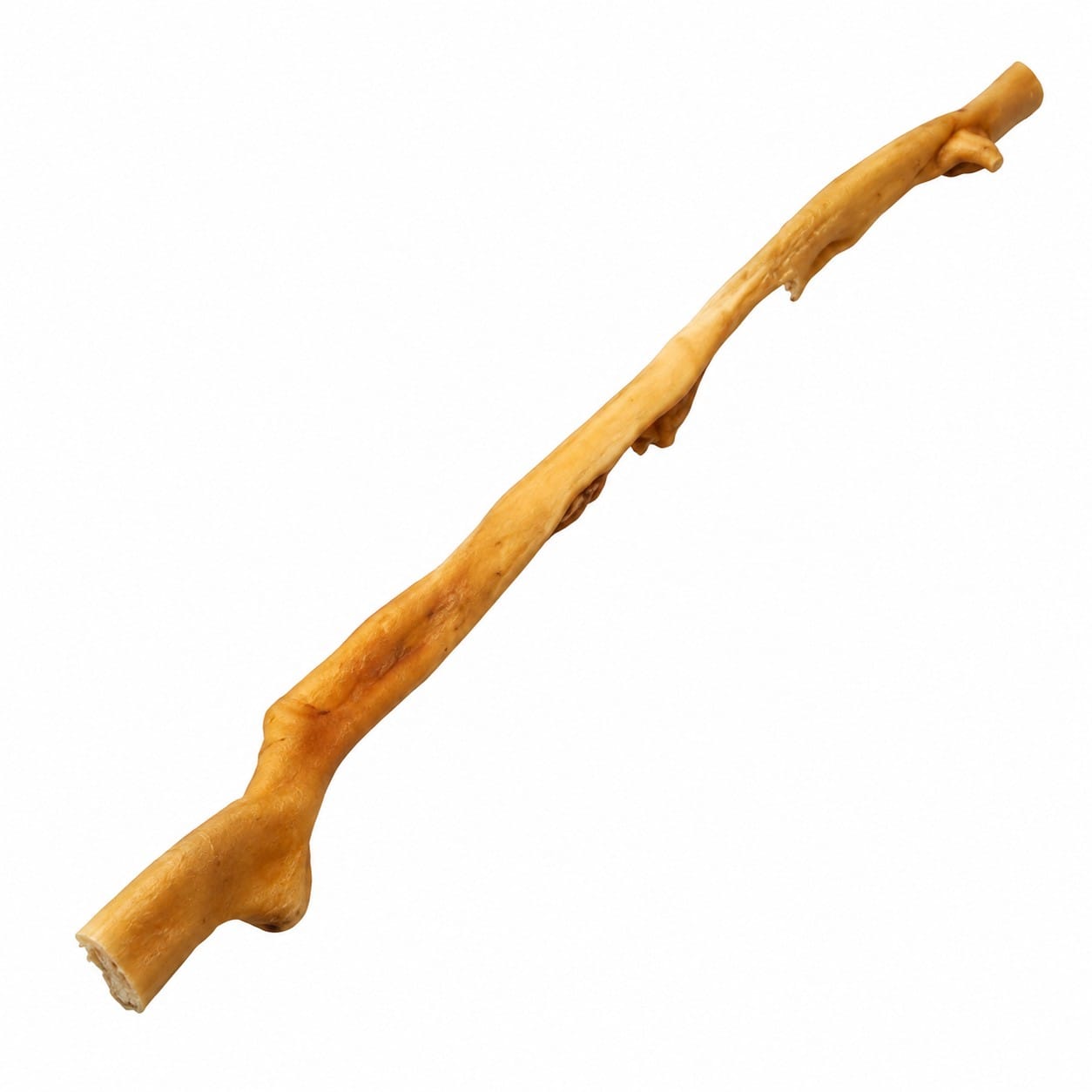 Lange goudbruine gedroogde runderkophuid van 60–70 cm als kauwsnack voor honden op een witte achtergrond.