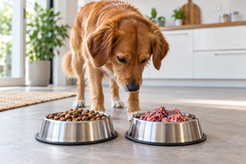 Hond kiest tussen brokken en vers vlees tijdens de overstap naar KVV.