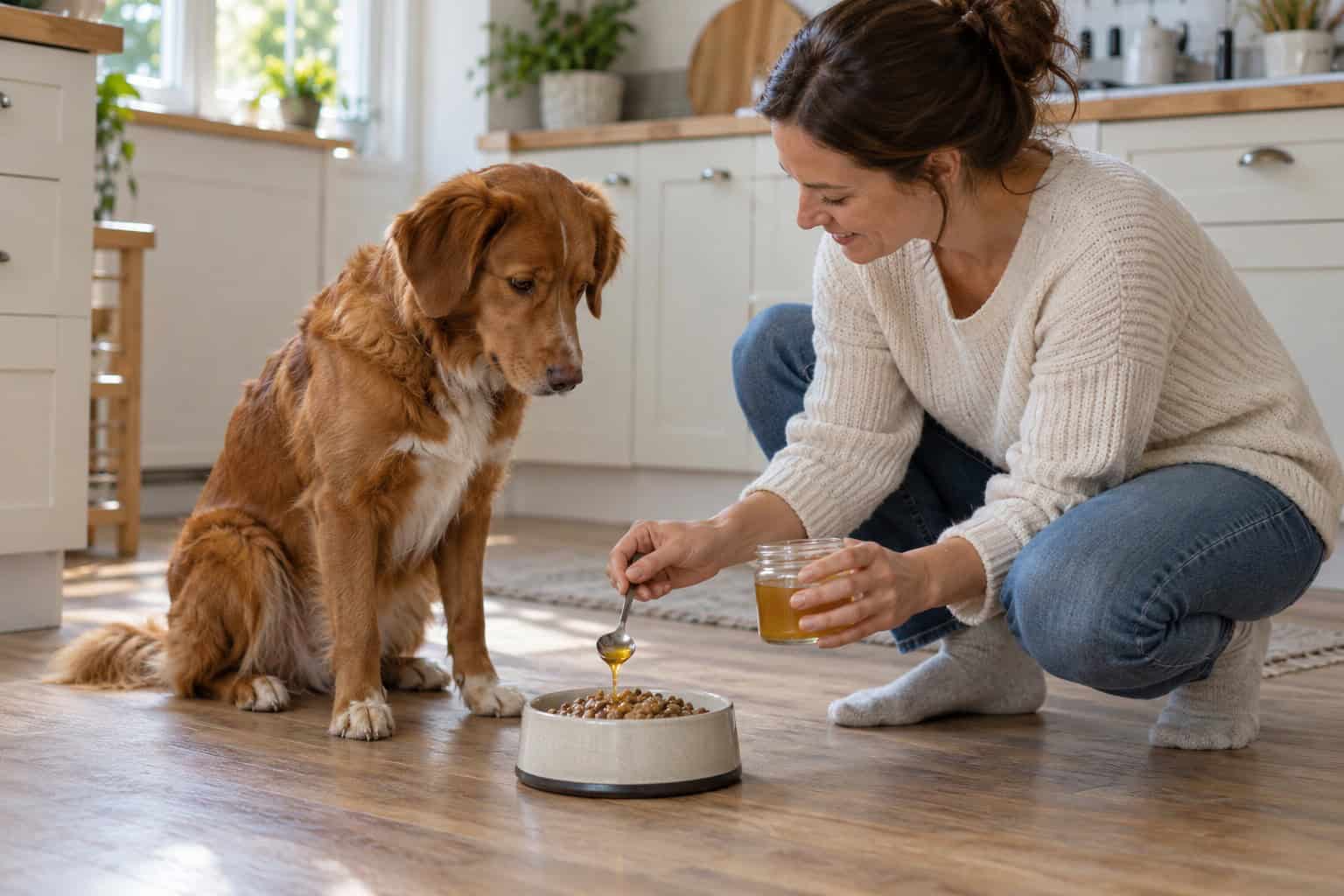 Eigenaar voegt bottenbouillon toe aan de voerbak van een bruine hond.