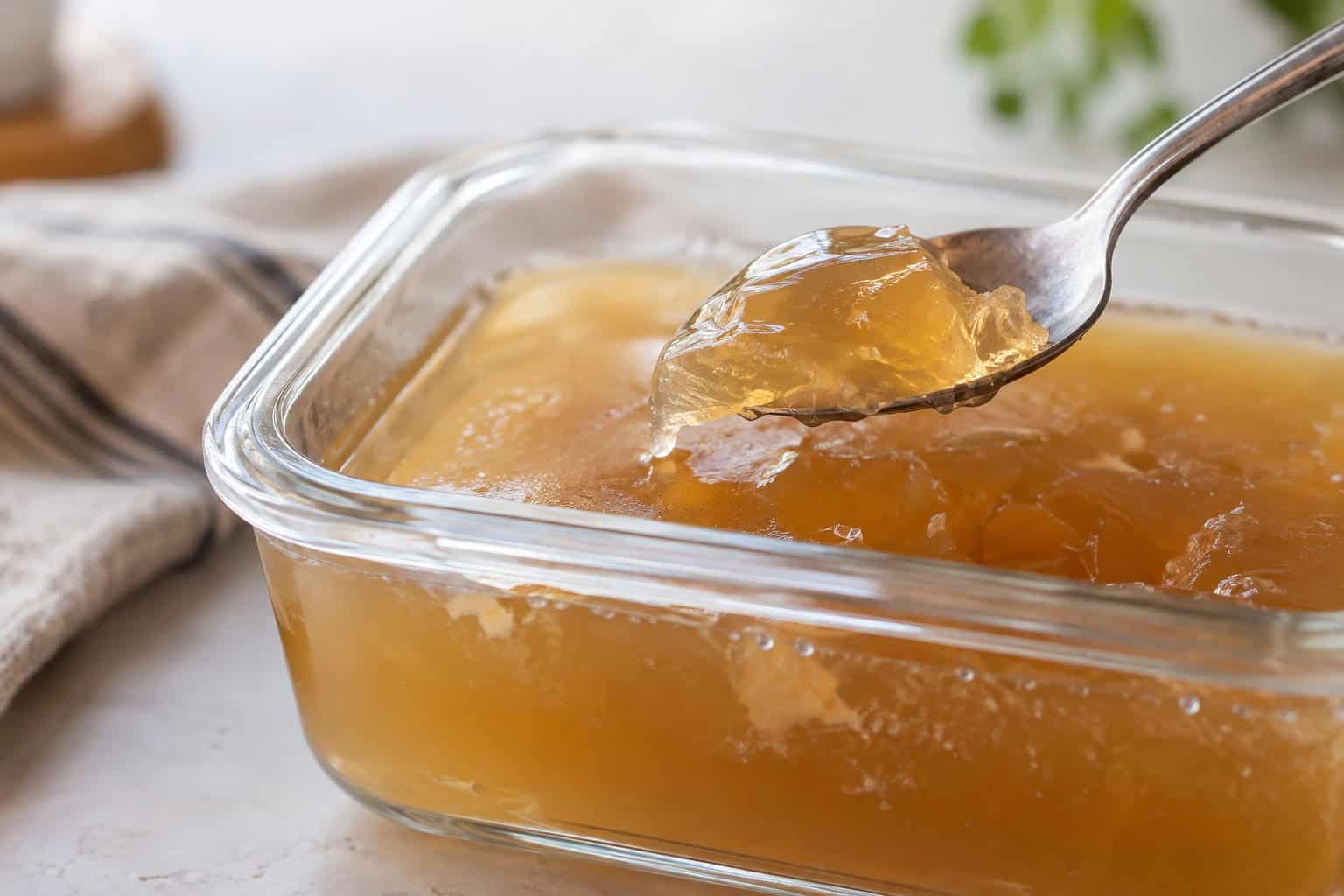 Afgekoelde bottenbouillon met een geleiachtige structuur op een lepel.