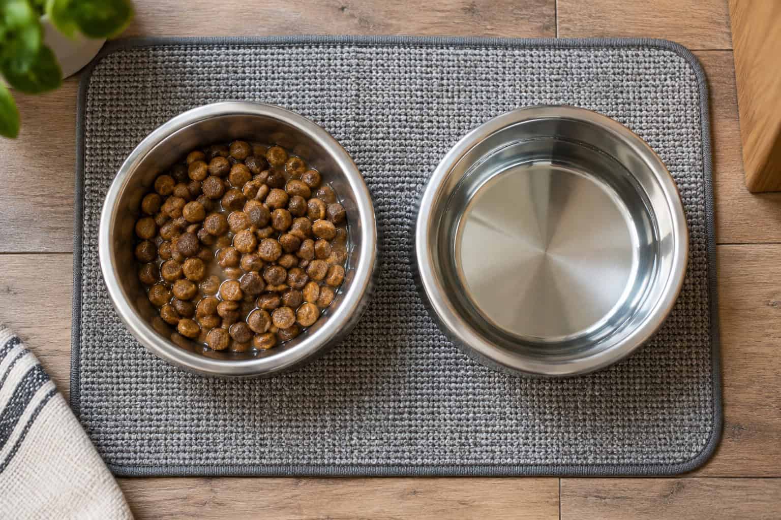 Hondenvoer met een beetje bouillon naast een aparte bak vers drinkwater.