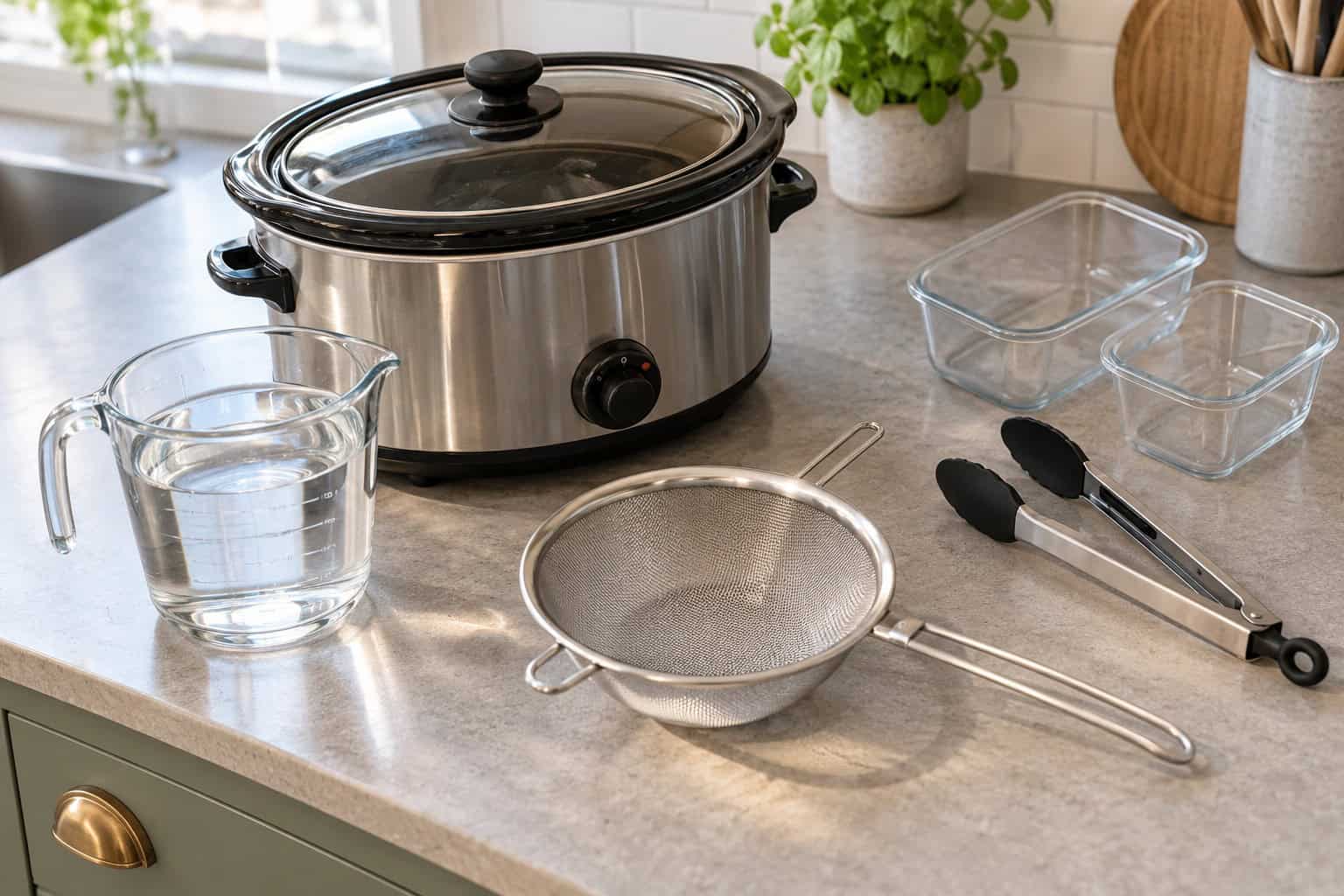 Slowcooker, maatkan, zeef en bewaarbakjes voor zelfgemaakte bone broth.