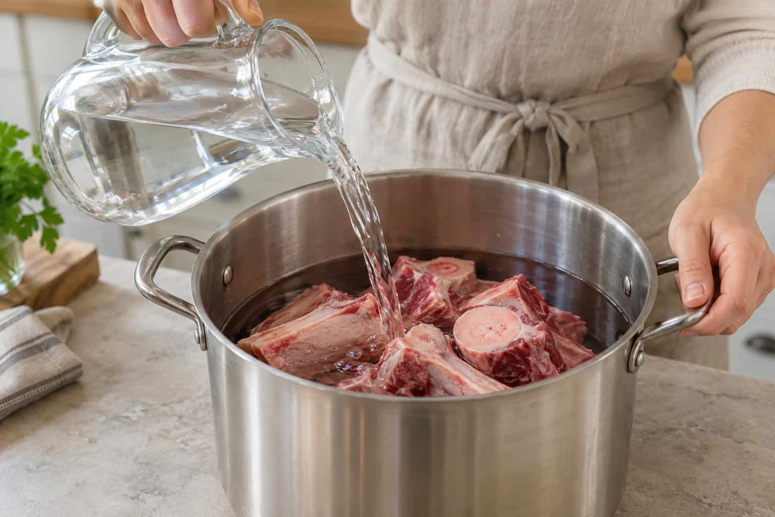 Water wordt toegevoegd aan botten in een ruime kookpan.