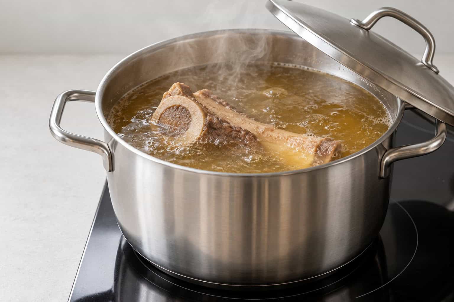 Bottenbouillon pruttelt zacht in een pan met een gedeeltelijk gesloten deksel.