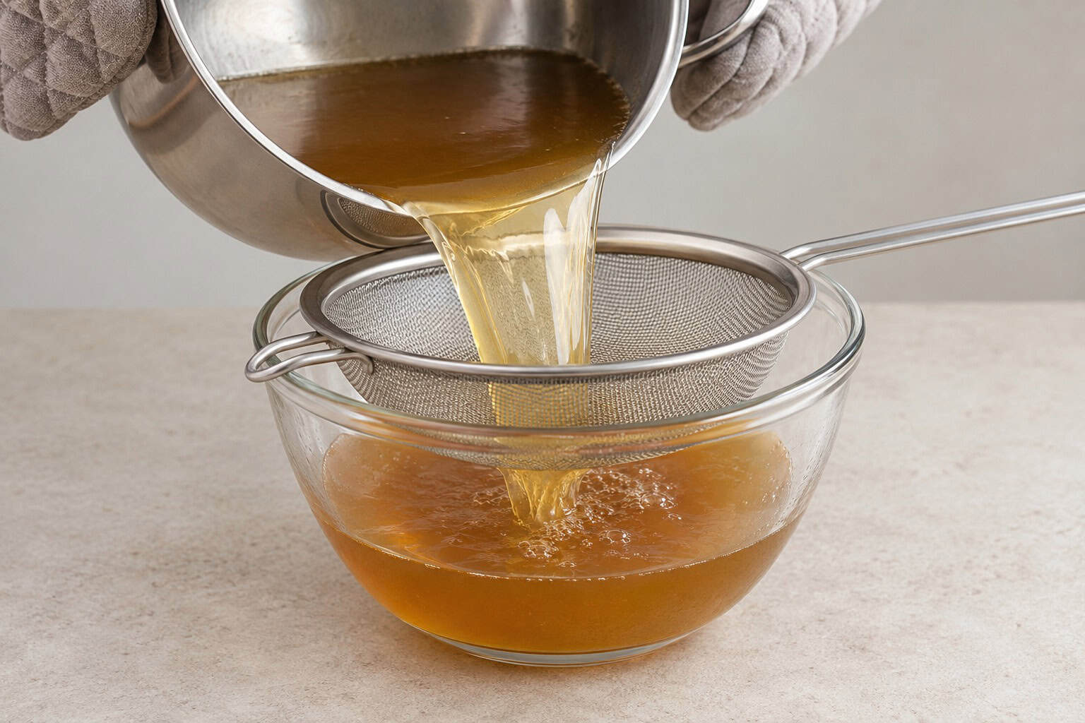 Zelfgemaakte bouillon wordt door een fijne zeef gegoten.