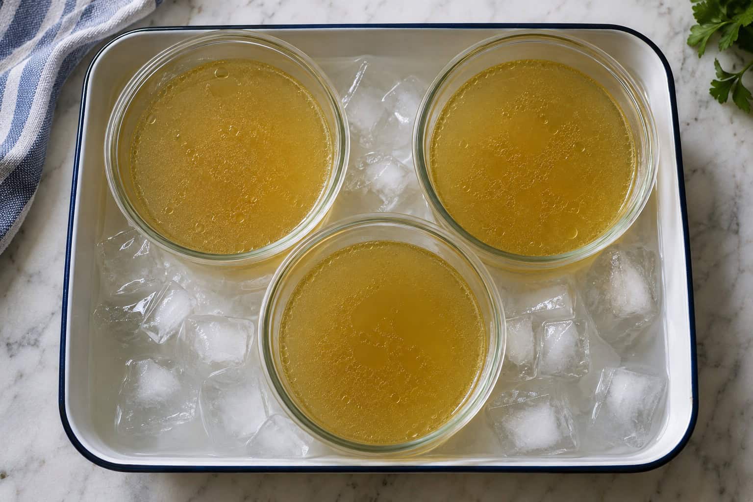 Kleine bakjes bottenbouillon koelen af in een koudwaterbad.