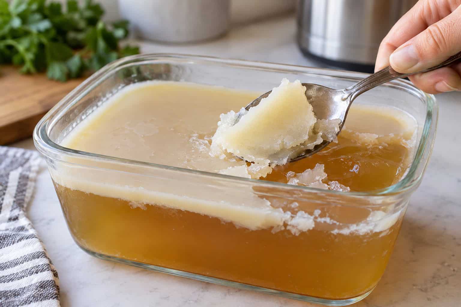 De gestolde vetlaag wordt van gekoelde bottenbouillon geschept.