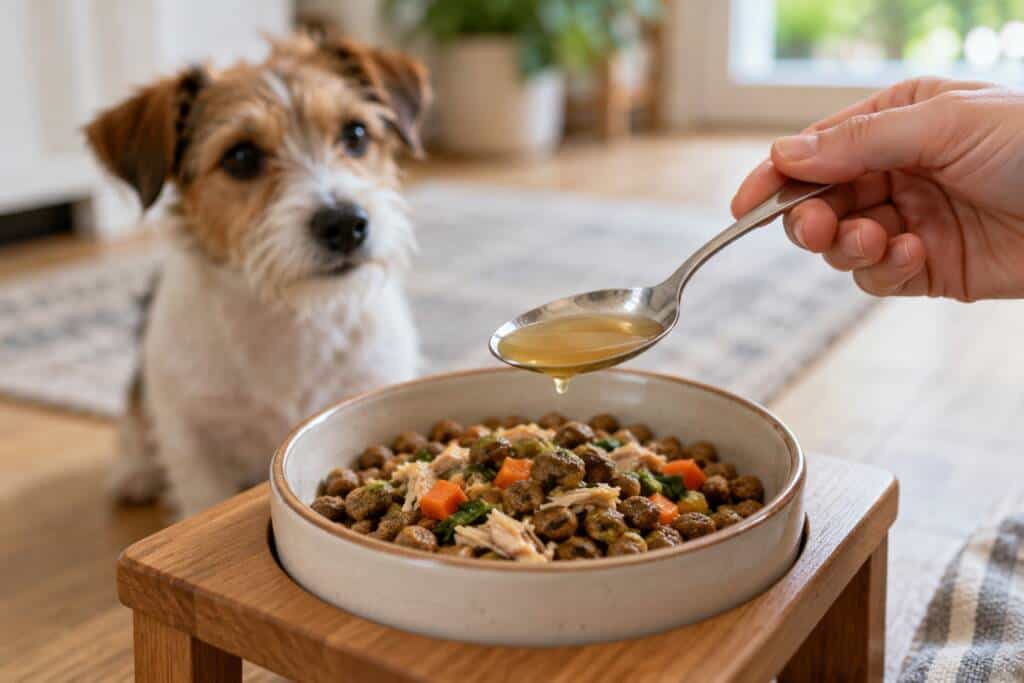 Hond en kat in een lichte keuken met aparte voerbakken en een keukenweegschaal.