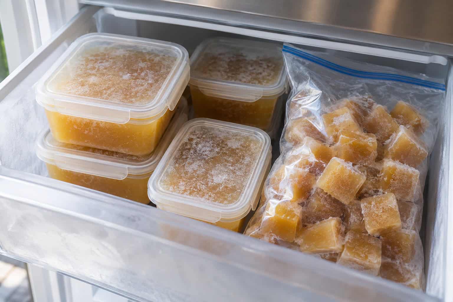 Een voorraad zelfgemaakte bottenbouillon in kleine porties in de vriezer.