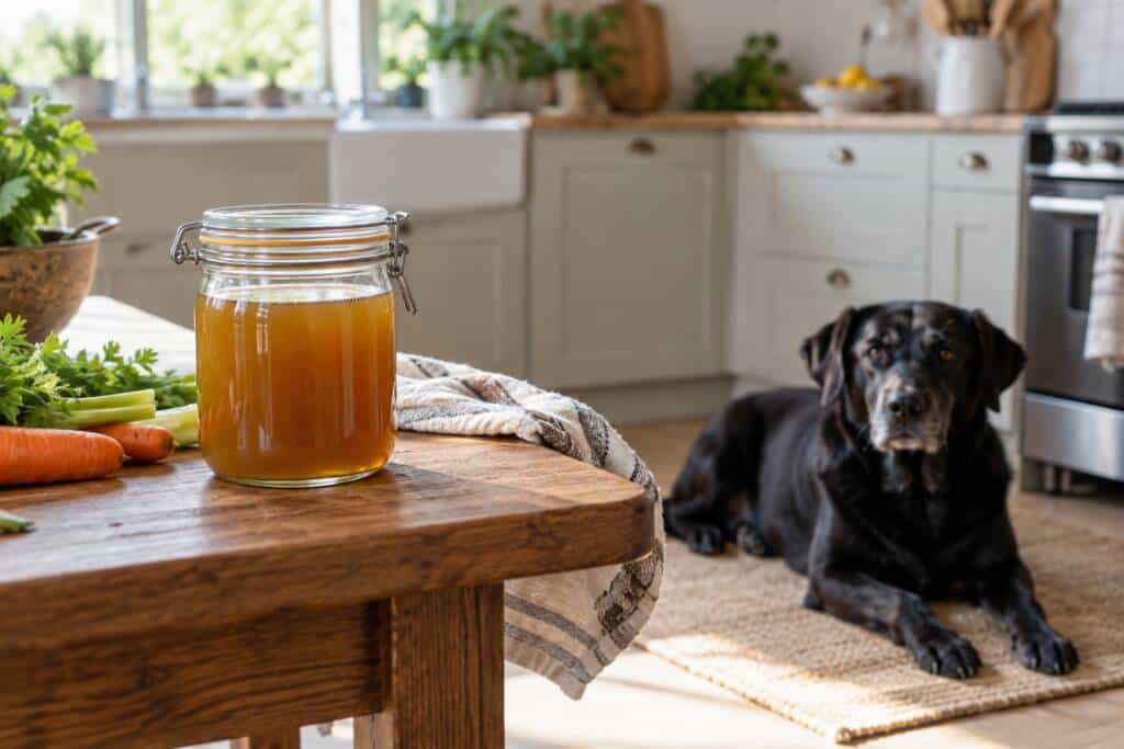 Zwarte hond in een keuken met een pot zelfgemaakte bottenbouillon op de voorgrond.
