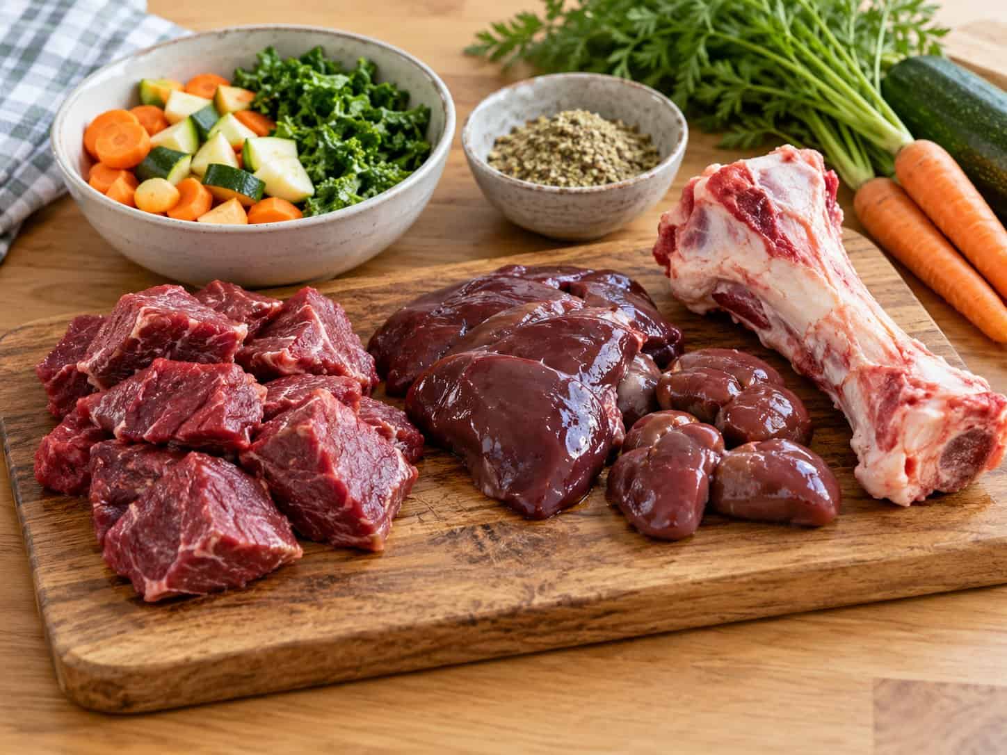 Verschillende rauwe vleesingrediënten voor het samenstellen van een BARF-menu voor een hond.
