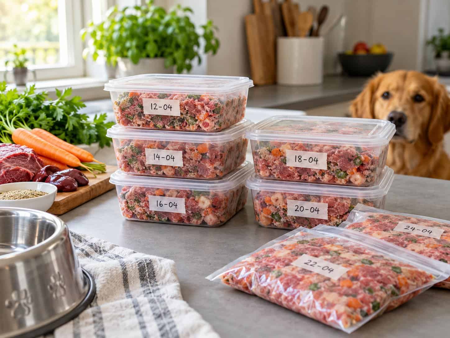 Afzonderlijk verpakte vleesporties met datumlabels, klaar om ingevroren te worden.