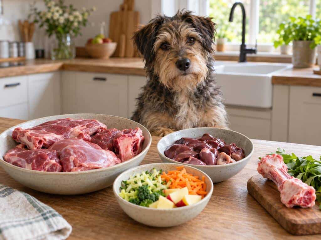 Hollandse Smous naast ingrediënten voor het zelf samenstellen van een BARF-menu.