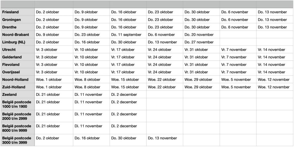 Bezorgschema oktober