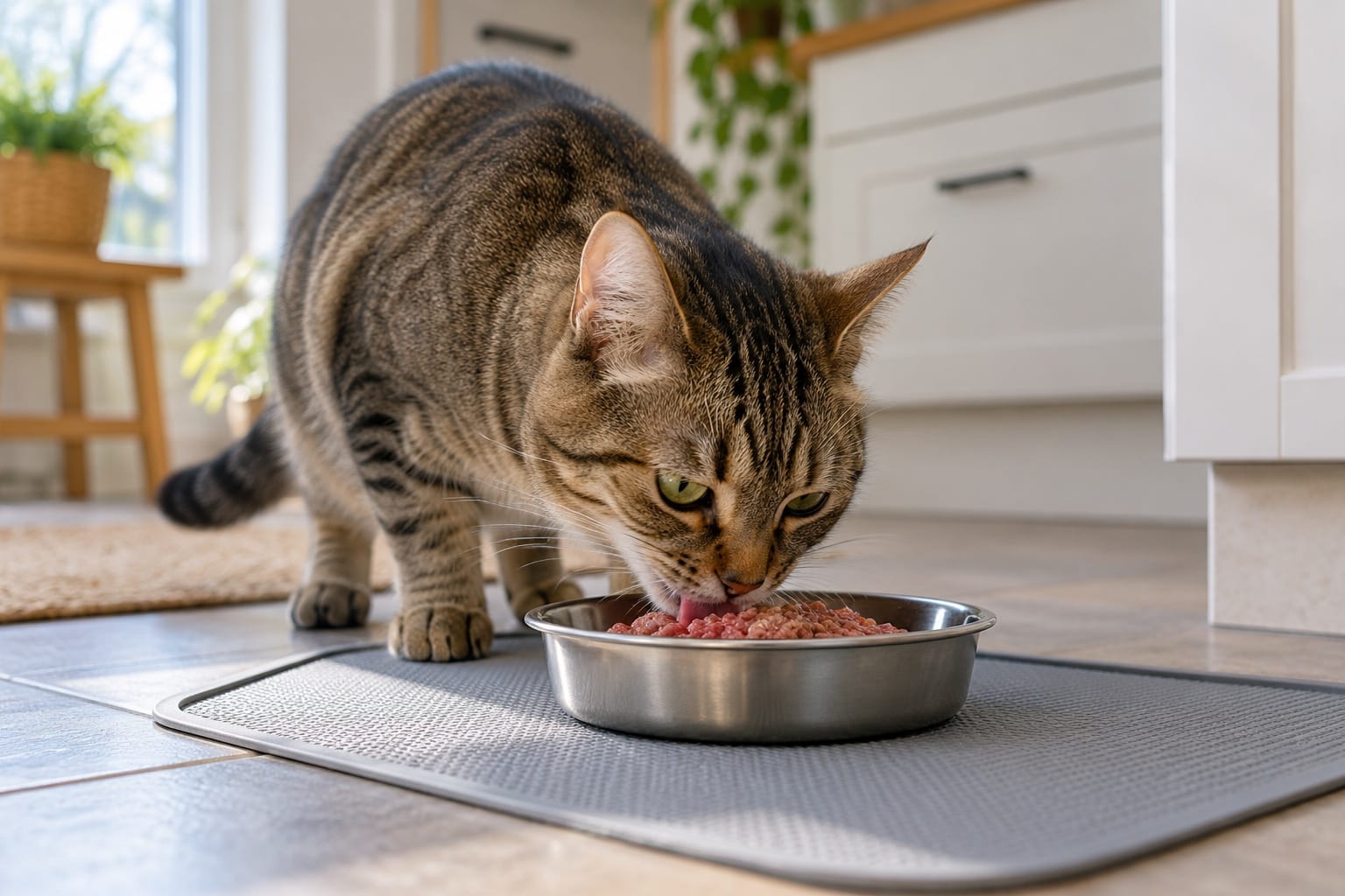 Kat eet vers vlees uit een voerbak
