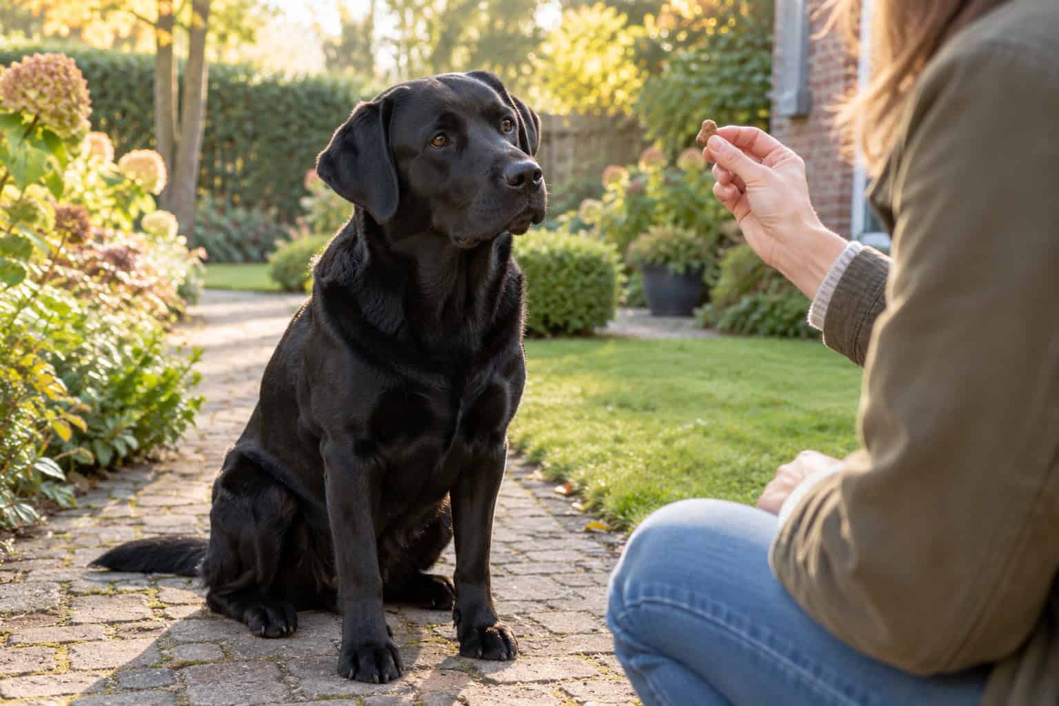 Alt-tekst: Zwarte labrador wacht op een klein beloningssnackje in de tuin.