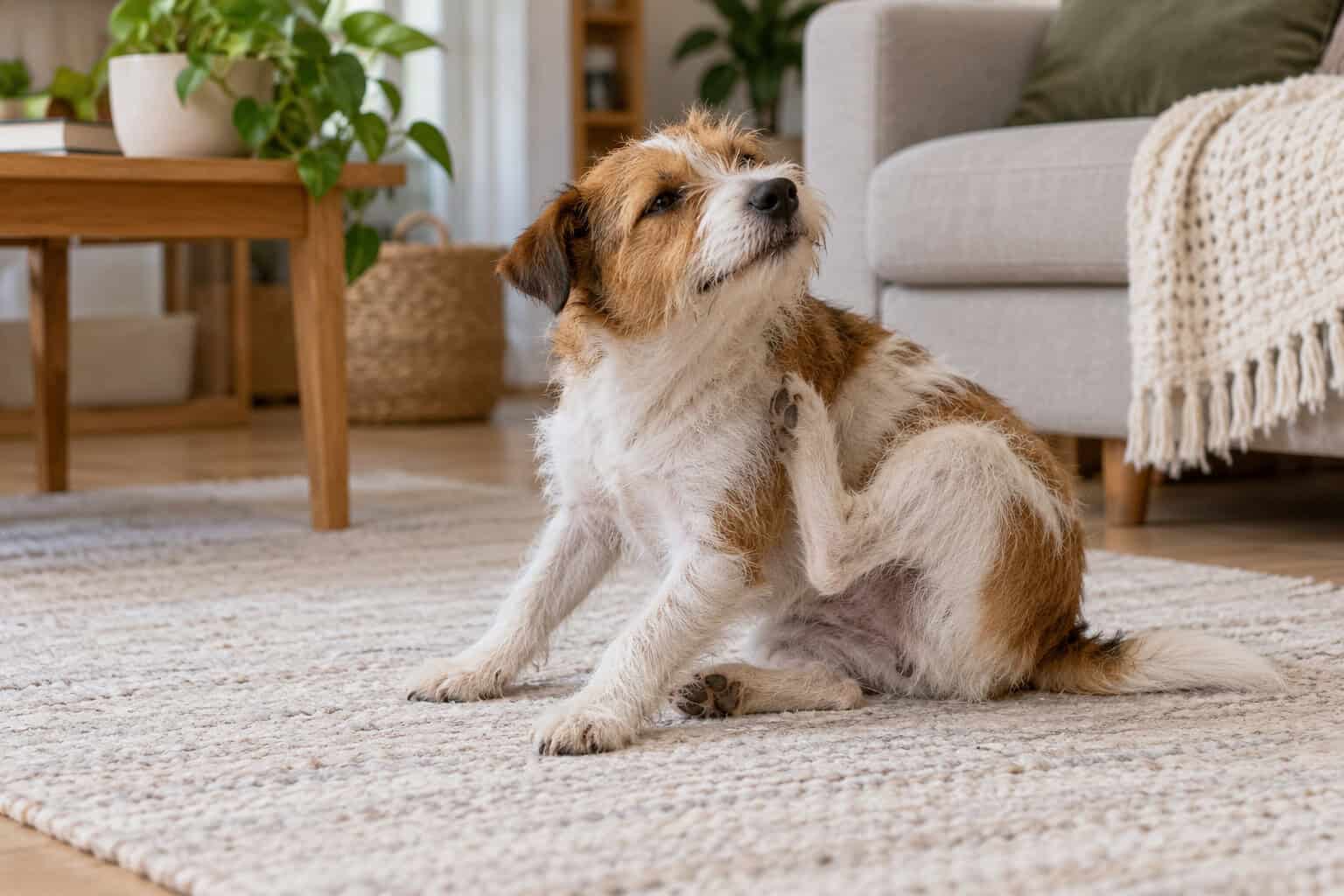 Ruwharige hond krabt aan zijn flank op een vloerkleed