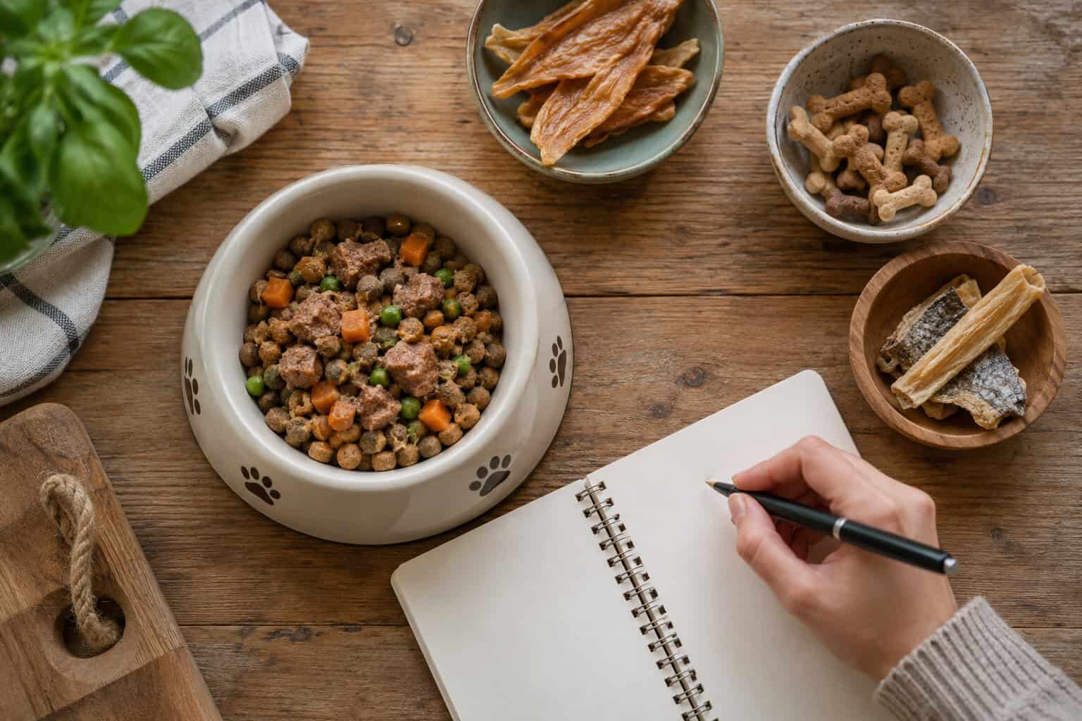 Voerbak en hondensnacks naast een notitieboek op tafel