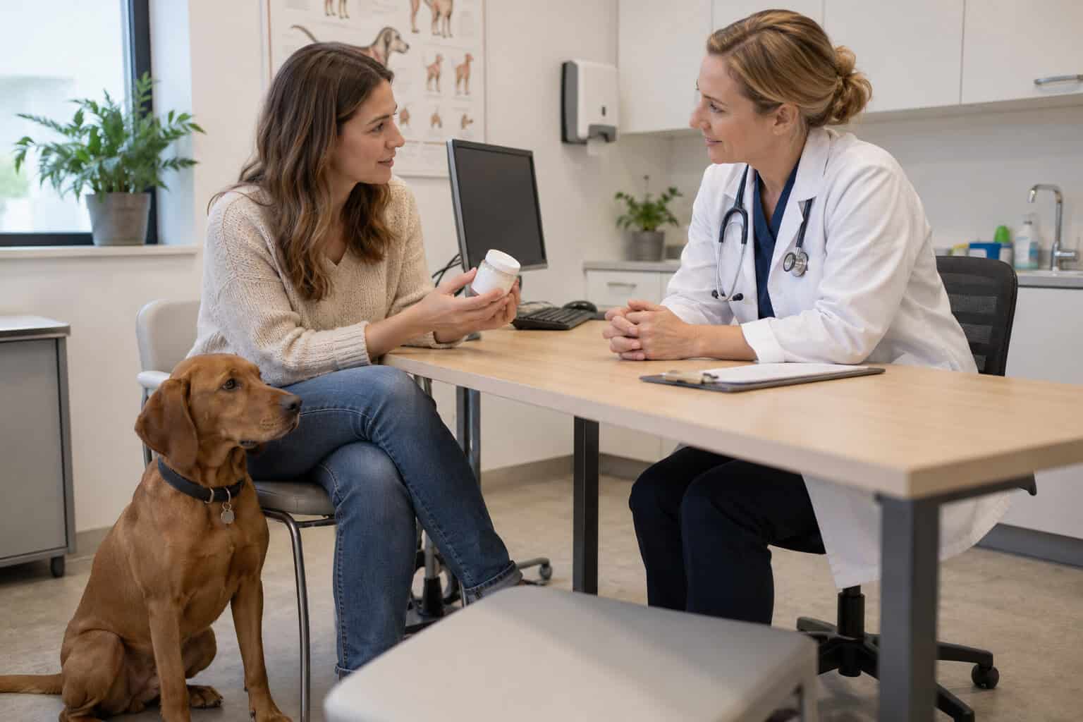 Eigenaar bespreekt een supplement met de dierenarts naast een hond