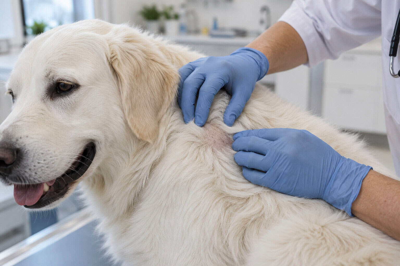 Dierenarts houdt de vacht van een witte hond opzij voor huidcontrole