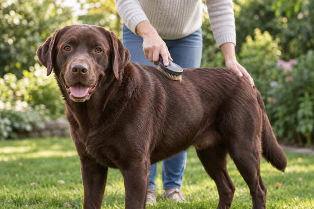 Bruine labrador wordt in de tuin rustig geborsteld