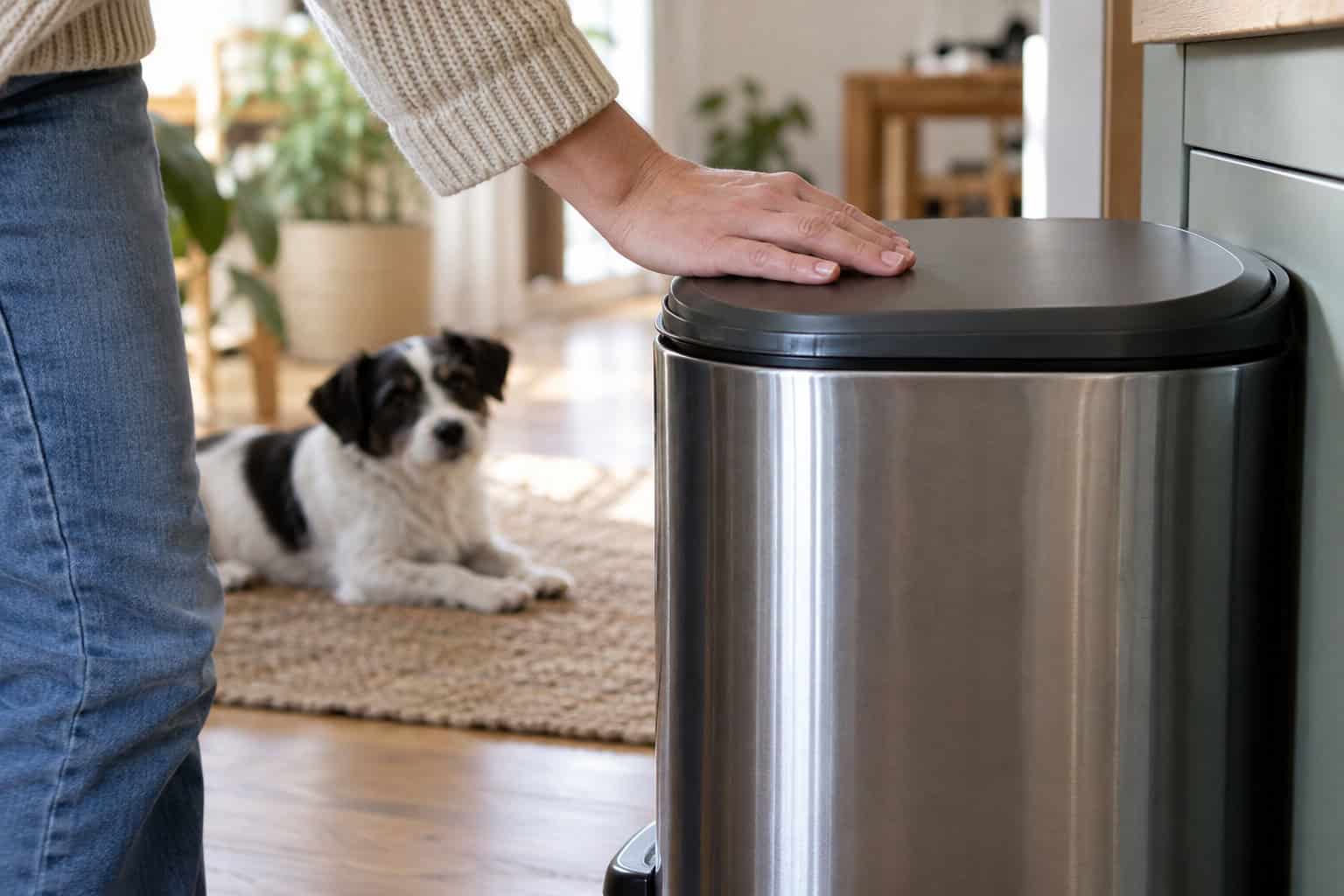 Eigenaar sluit een keukenafvalbak terwijl een hond op een kleed ligt.
