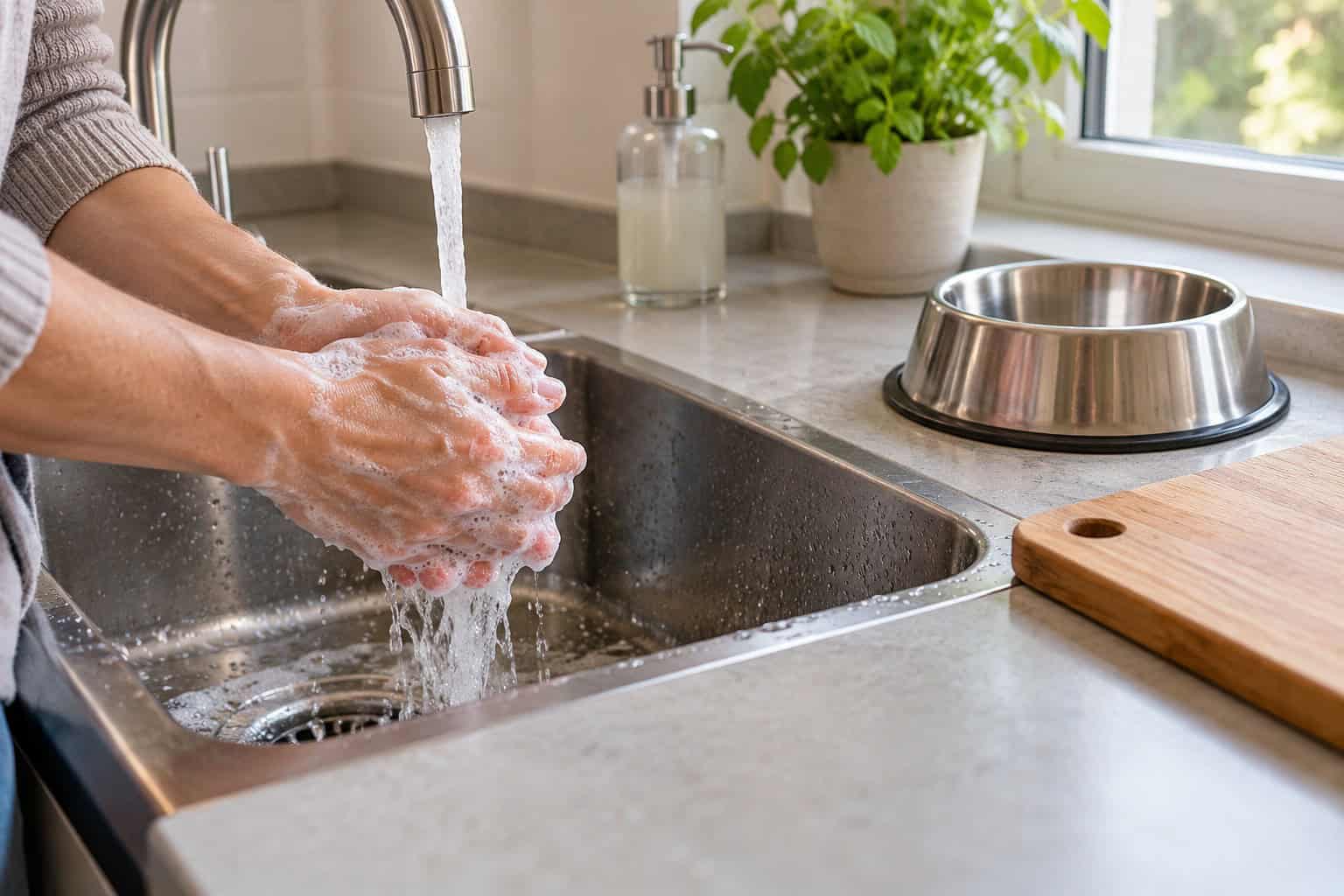 Handen wassen naast een schone snijplank en voerbak.