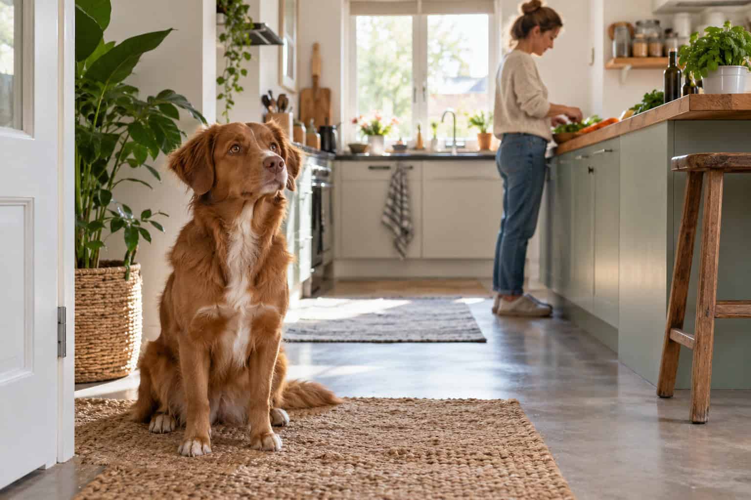 Alt-tekst: Bruine hond wacht op een kleed terwijl zijn eigenaar een maaltijd bereidt.