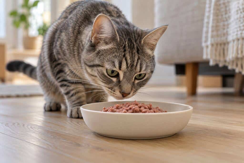 Kat snuffelt aan een bakje gemalen vers vlees.