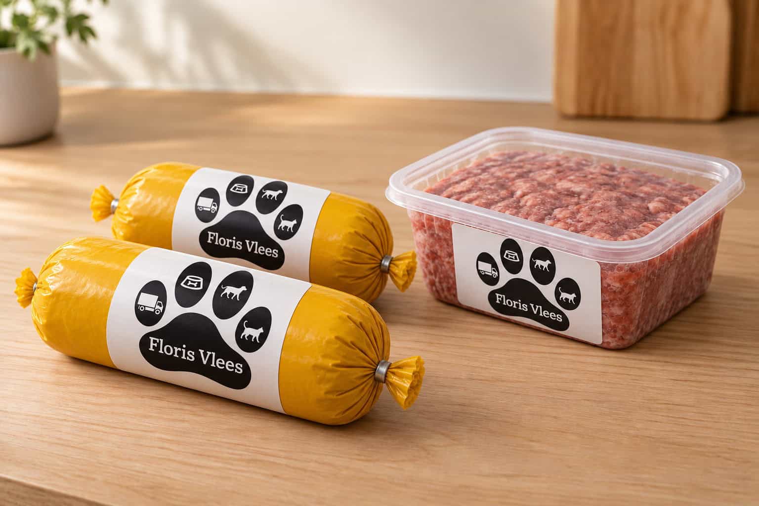 Verschillende verpakkingen KVV voor katten bij Floris Vlees.