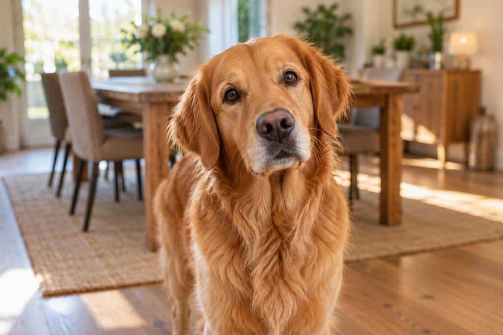 Goudkleurige hond kijkt naar een kleine beloning in de hand van zijn eigenaar.